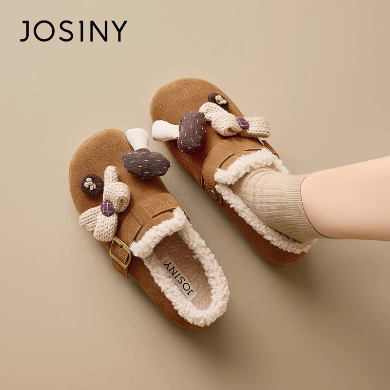 卓诗尼蝴蝶结可爱风毛毛鞋女2025冬季新款加绒加厚保暖勃肯鞋棉鞋