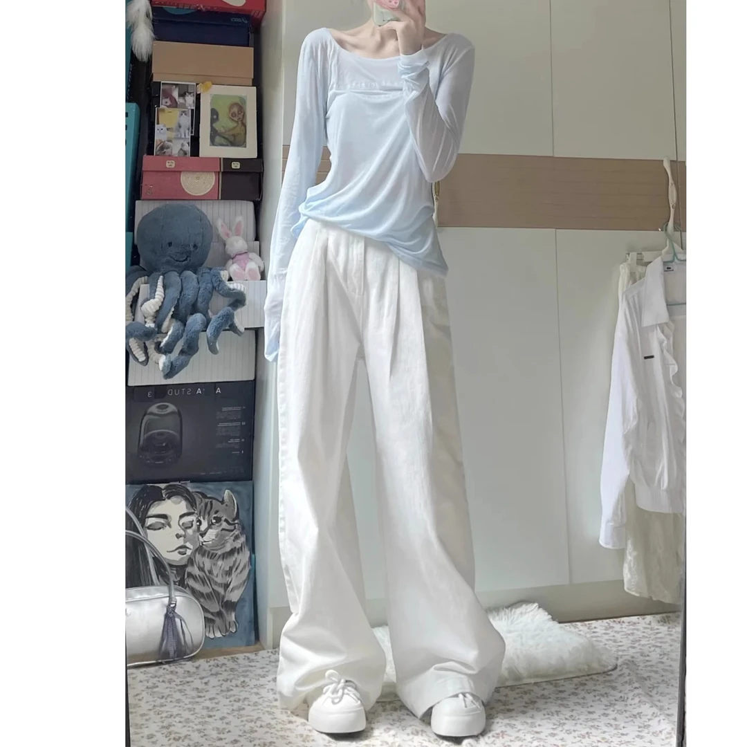 拉夏贝尔韩系纯色褶皱休闲裤2025春秋薄款高腰显瘦百搭直筒阔腿裤