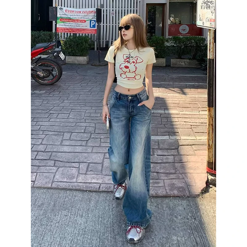 辣妹低腰牛仔裤女2025早秋季新款显瘦美式复古窄版直筒裤子