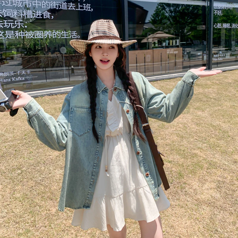 2024秋季新品女装韩版修身复古翻领单排扣时尚女士牛仔外套宽松