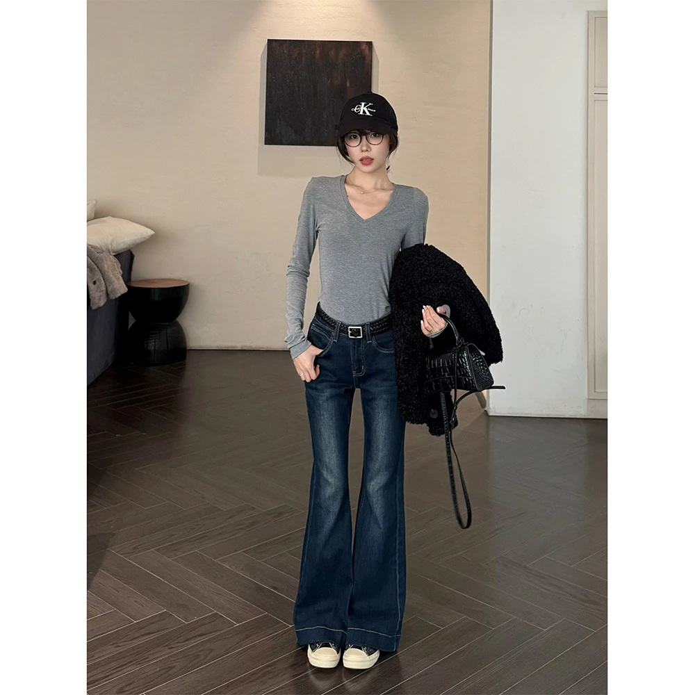 王家有鱼美式复古微喇牛仔裤女2025秋季新款低腰显瘦百搭喇叭裤子