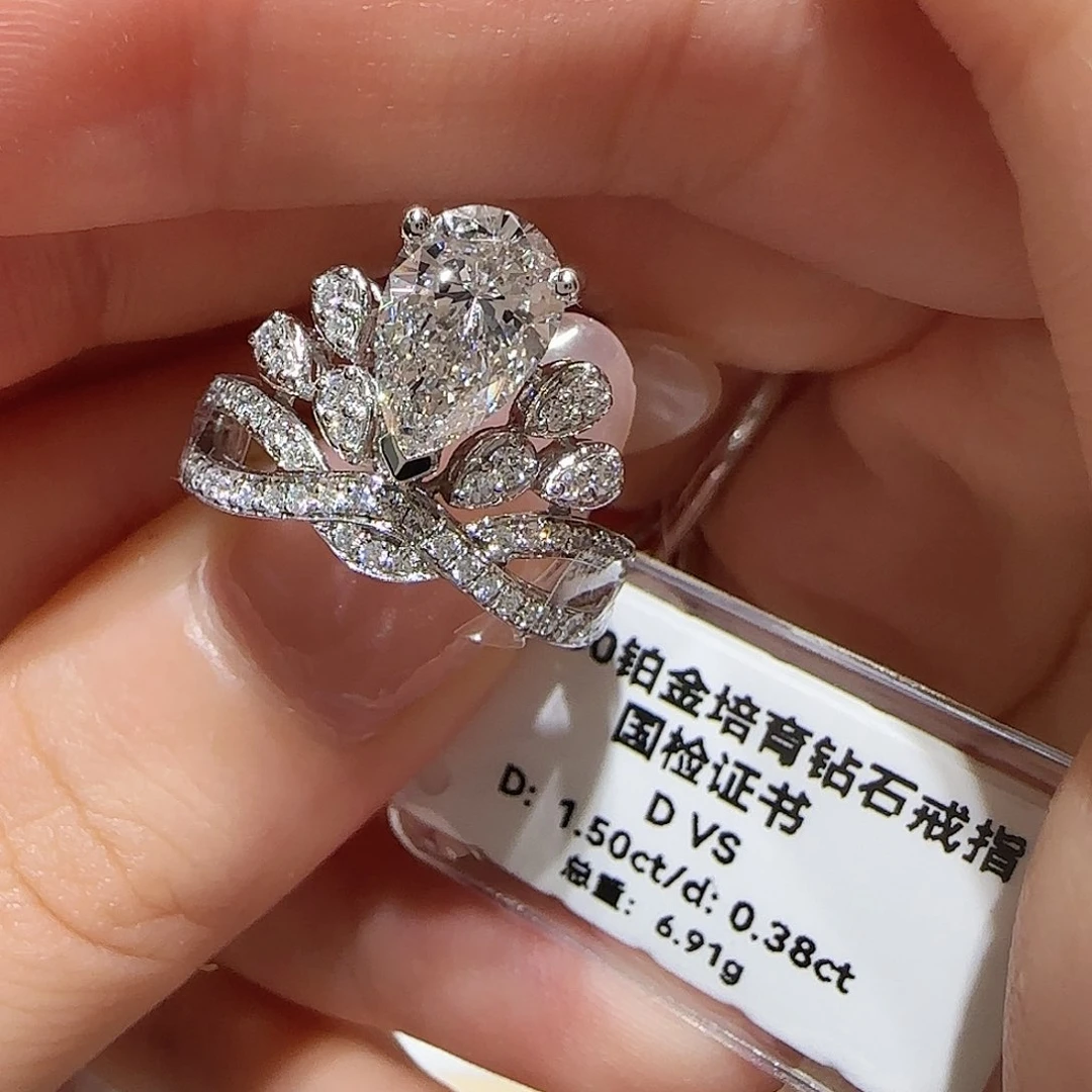 一***。铂Pt950镶嵌实验室培育钻石1.5水滴 14
