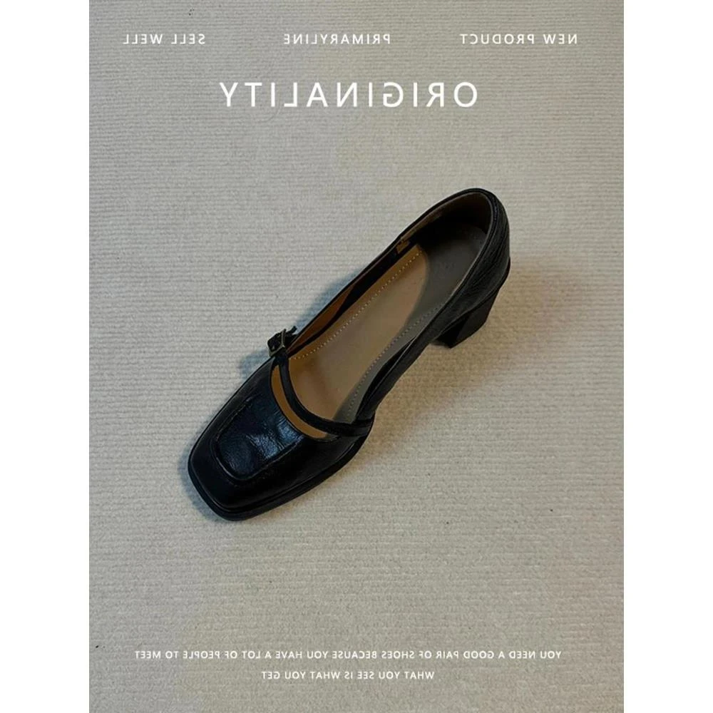 复古高跟鞋女春季玛丽珍新款黑色方头百搭粗跟法式气质单鞋女