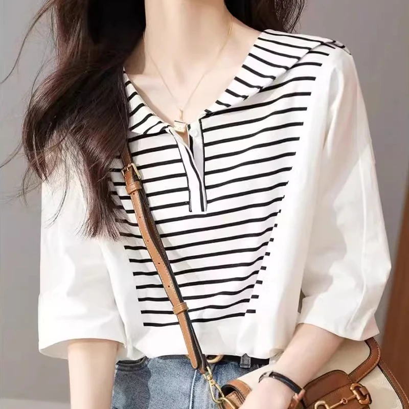 2025夏季新款设计感时尚减龄海军领短袖T恤女别致独特假两件上衣