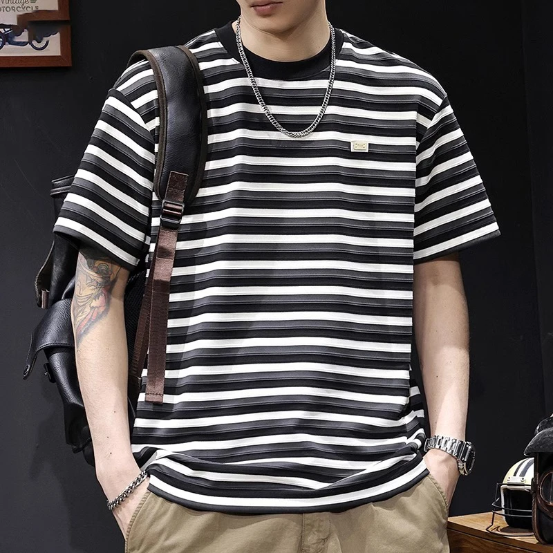 U&PURA条纹短袖t恤男士夏季2025新款大码衣服潮牌男款