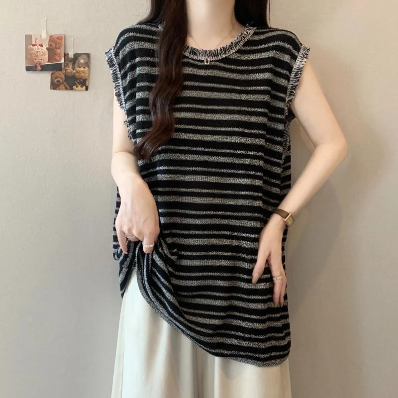 好看毛边条纹无袖t恤背心女2025夏爆款胖mm宽松遮肚中长款上衣