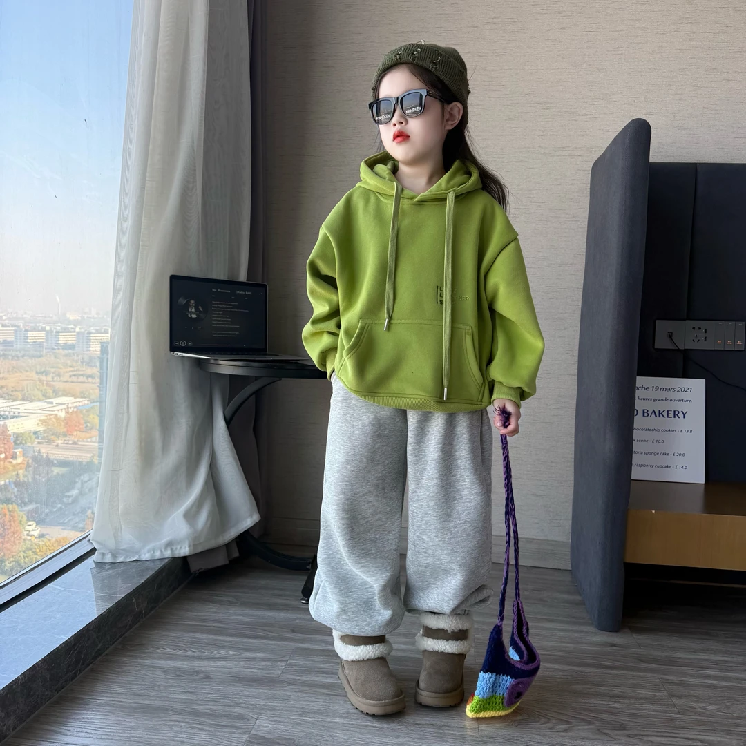 女童冬季时尚羊驼绒卫衣套装中大女孩宽松休闲加绒加厚洋气两件套