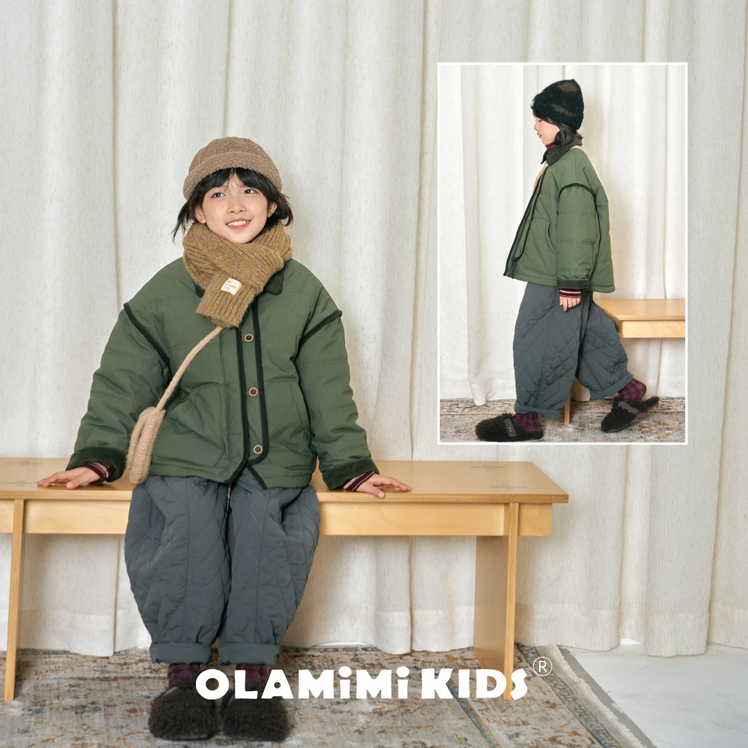 OLAMIMI儿童亲子2025冬榉木绿复古工装外套加厚保暖撞色棉服夹克