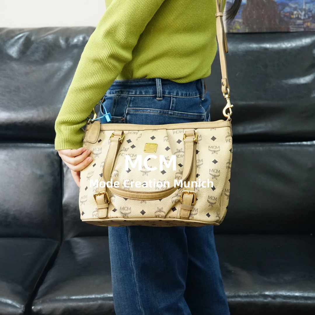 95新 MCM 米色派拉蒙包/BB12520055/0055