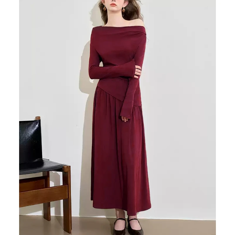 2025春秋新款法式时尚安哥拉红一字肩上衣高腰抽褶修身半裙两件套