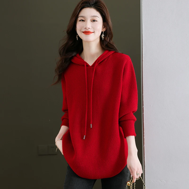 春竹羊毛衫高档连帽宽松休闲加厚针织帽衫纯色针织衫打底衫毛衣