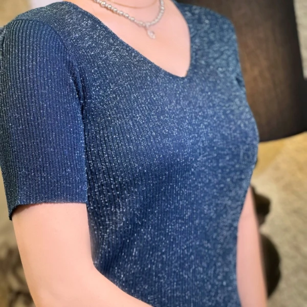 【V领】夏季高定意大利水晶纱线细闪百搭时尚气质针织短袖