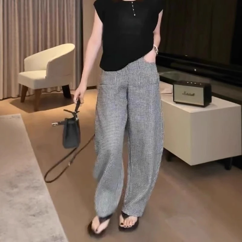 韩系宽松显瘦直筒阔腿裤2025夏新款胖mm梨型身材大码格子弯刀裤女
