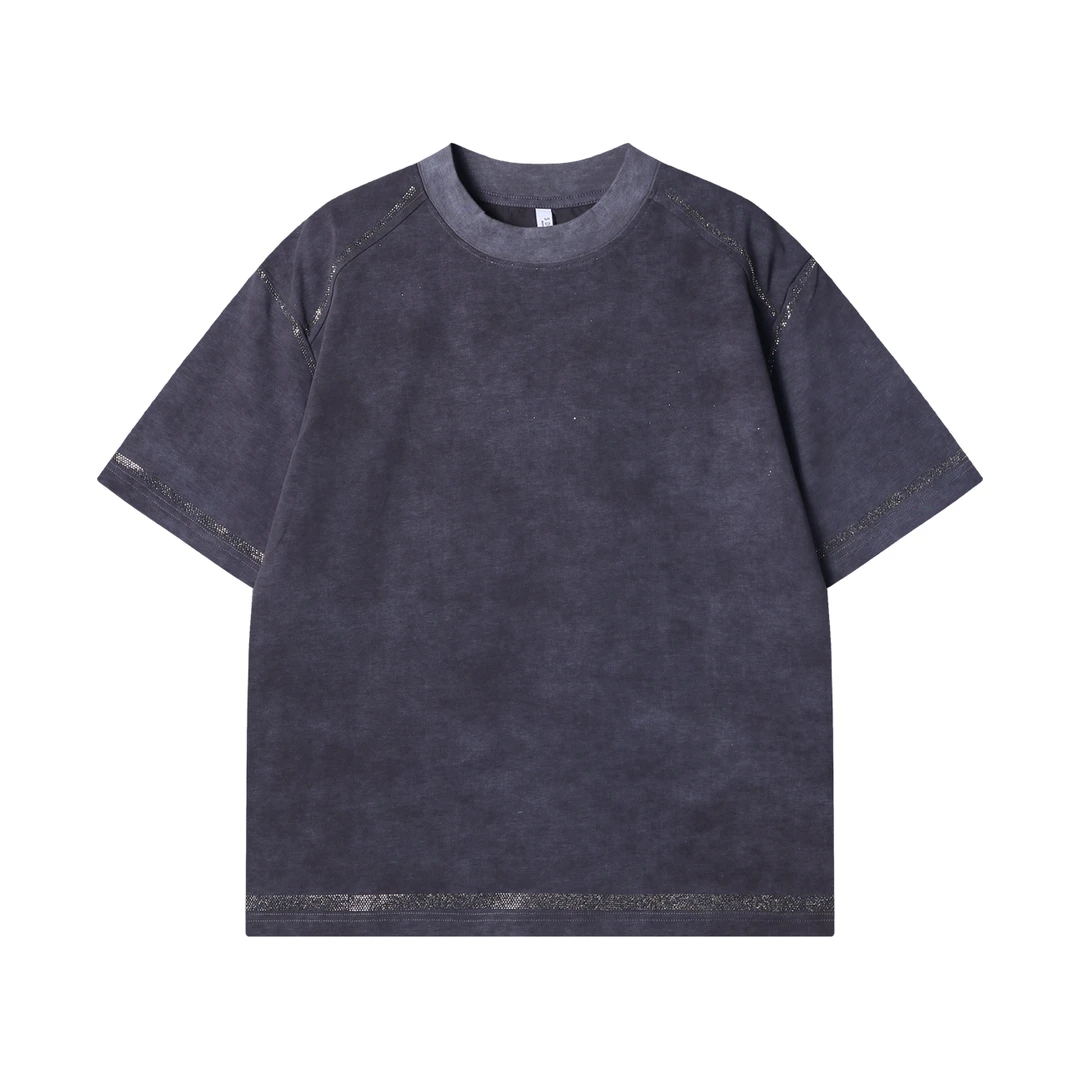 夏季高级感新款韩版扎染线条烫钻圆领短袖T恤小众设计百搭上衣