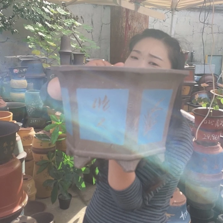 32蓝刻绘六方花盆紫砂花盆紫砂