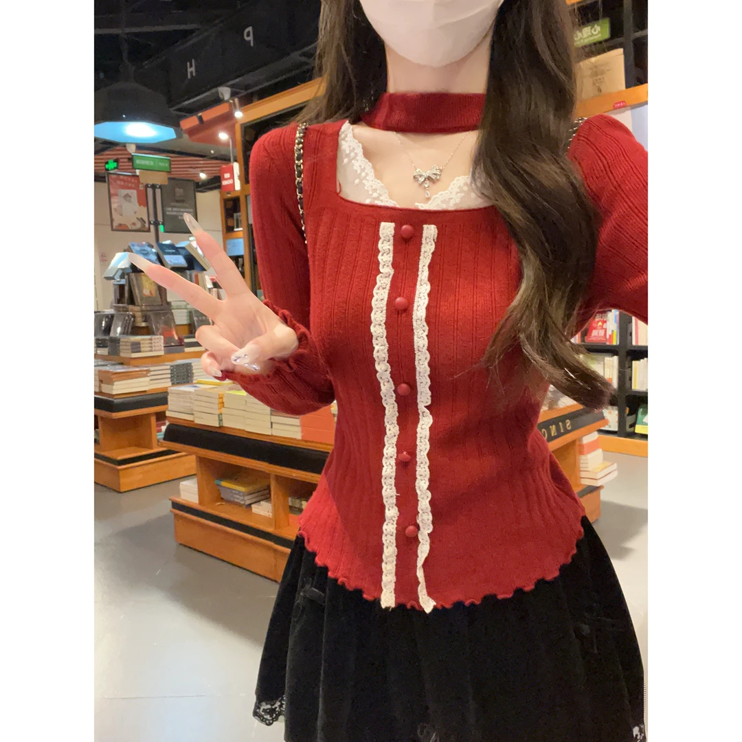 溪溪靓衫 秋冬韩版纯欲镂空挂脖蕾丝拼接安迪绒针织衫打底毛衣