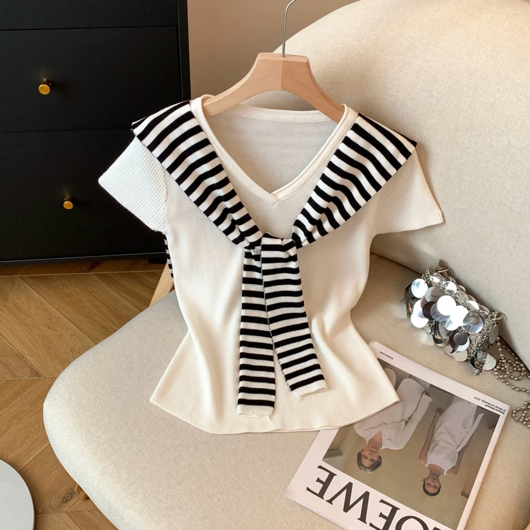法式海军领v领冰丝针织短袖t恤女夏撞色背心修身披肩两件套上衣