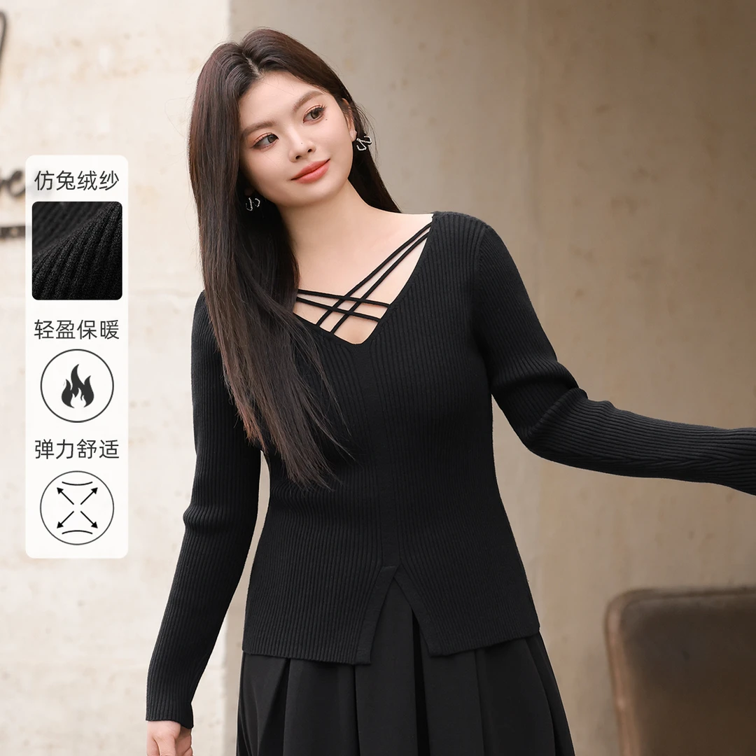 【28支仿兔绒纱】MsShe大码女装春装修身显瘦交叉V领毛衣S2411020