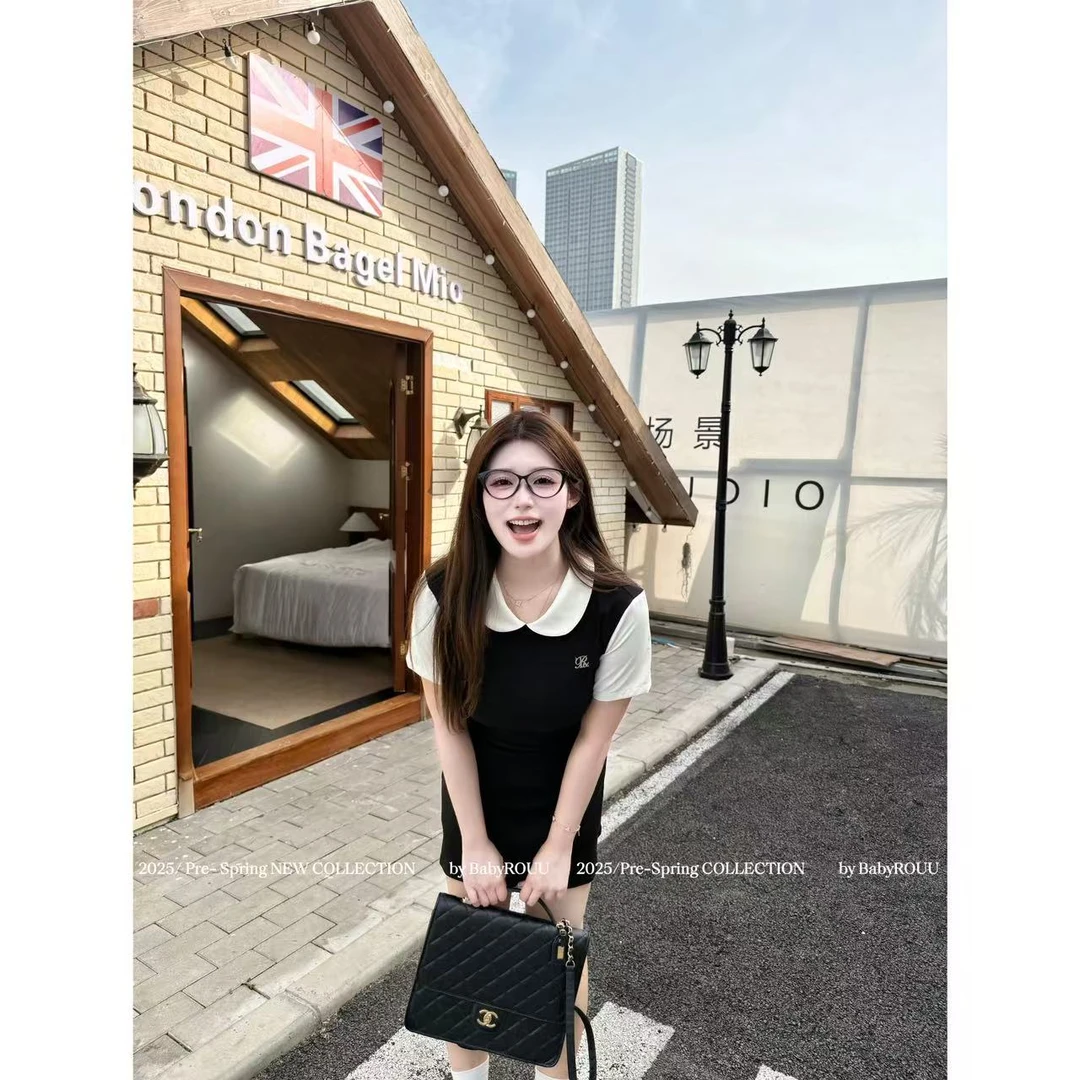 【千奈凉子】温与柔春夏新款撞色显瘦假两件拼接针织连衣裙