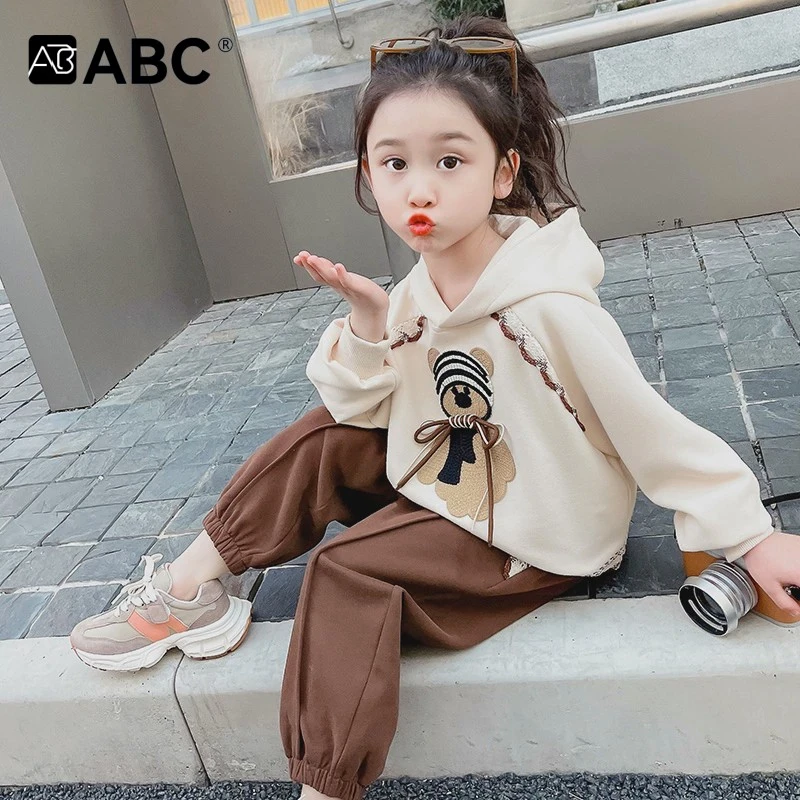 ABC女童春秋装花边贴布熊连帽套装中小童洋气春款卫衣儿童韩版两