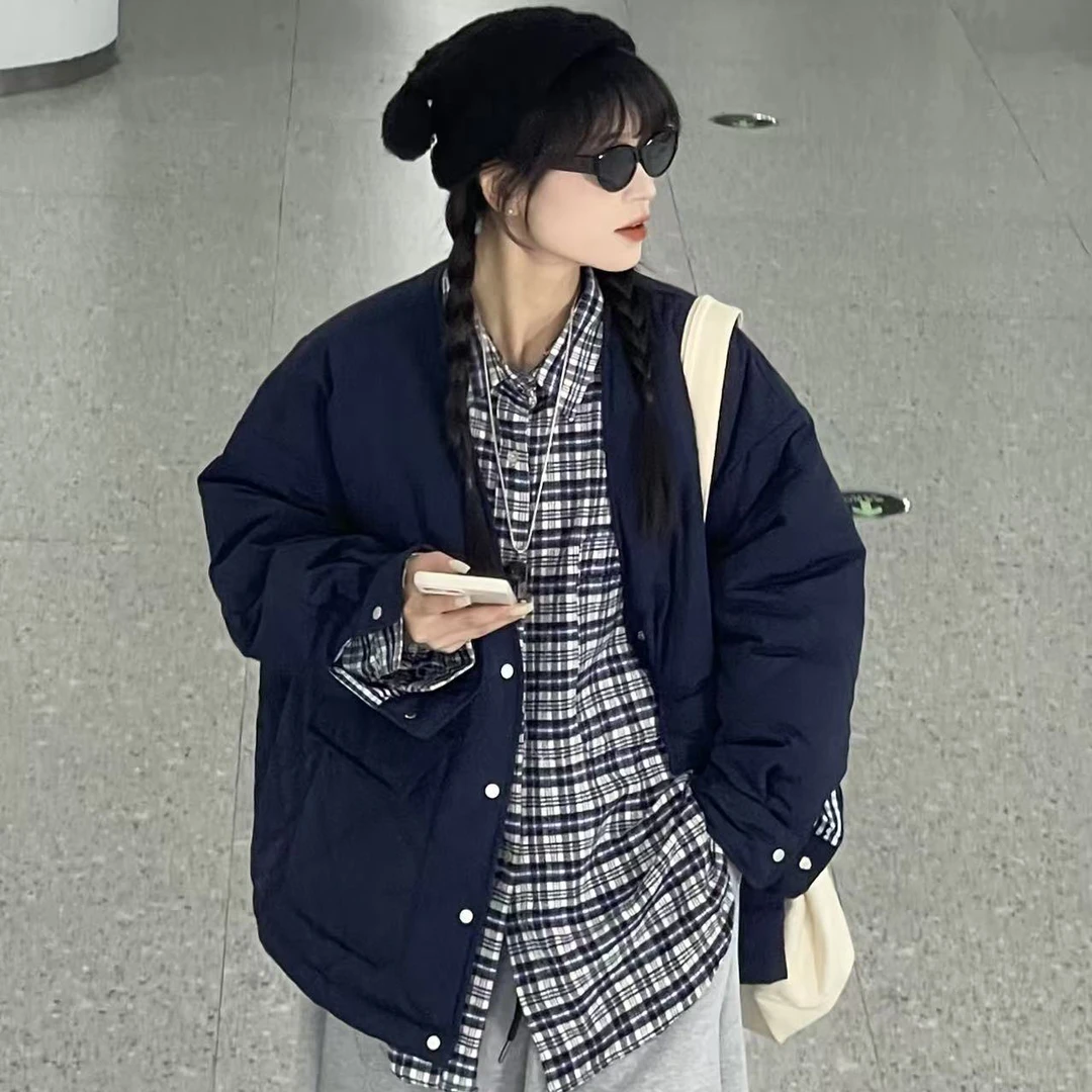 冬季新款纯色无领宽松慵懒复古风棉服外套251320款