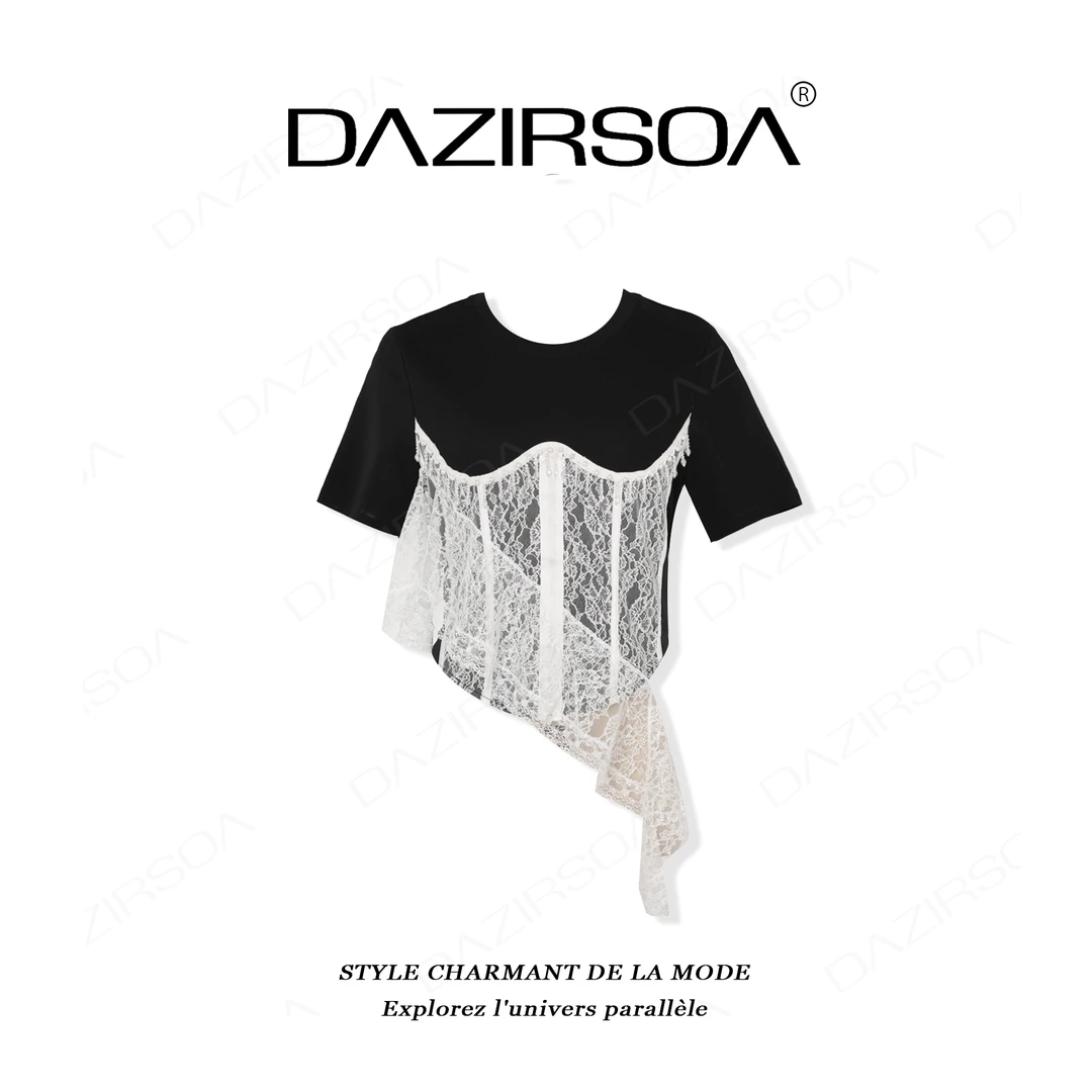 DAZIRSOA/达姿“飞跃想象”时尚百搭拼接蕾丝花边个性T恤 Y907