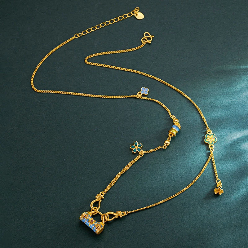 铜合金项链 中国风繁花锁包项链女流苏小花气质锁骨链轻奢S00055