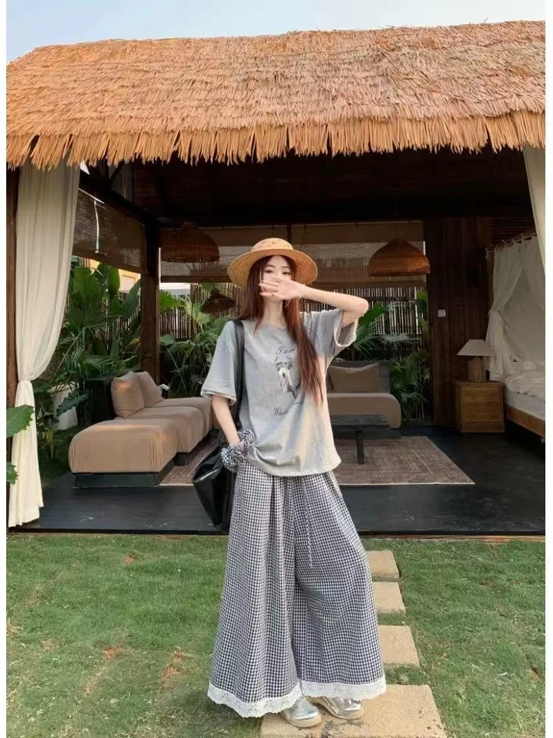 韩系蝴蝶结小狗短袖+花边格子休闲裤44088  （松紧腰）