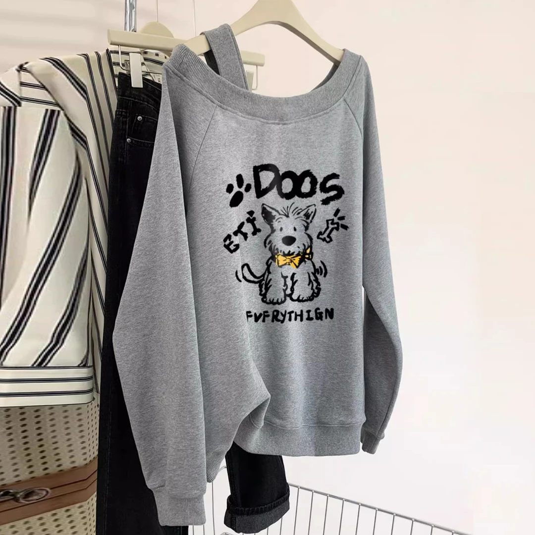 慵懒风灰色韩版露肩长袖卫衣女春秋宽松显瘦休闲百搭套头无帽上衣