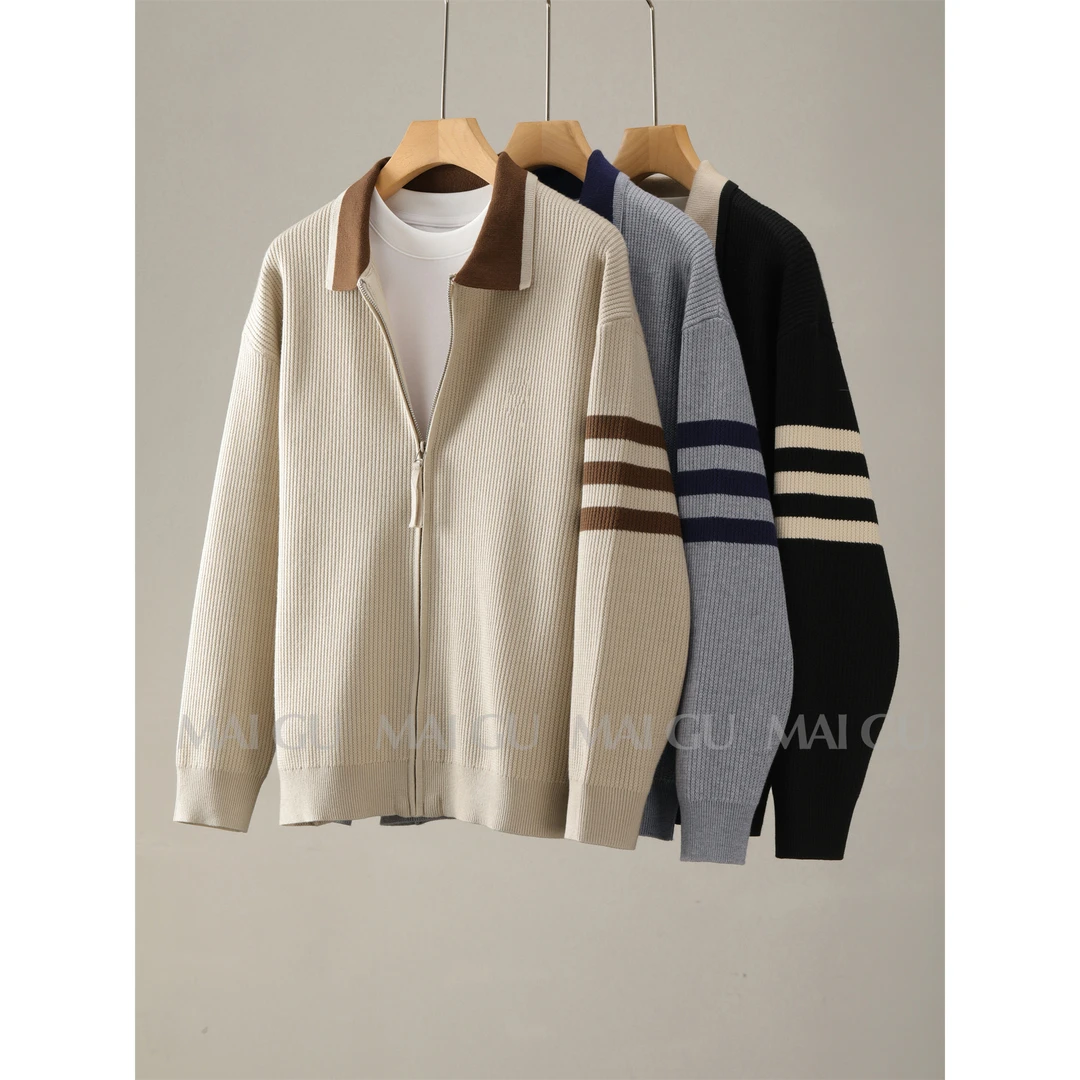 【拉柜裁缝】【刺绣款】【莱赛尔坑纹肌理感】撞色三条杠针织开衫外套