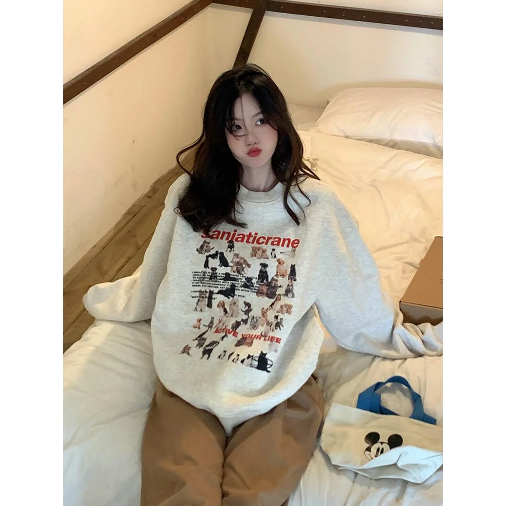 美式复古小众设计感卡通印花卫衣女秋冬加绒加厚圆领宽松百搭上衣