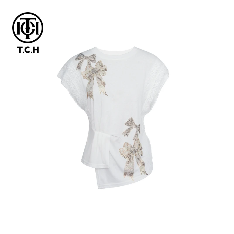 TCH私服烫钻工艺时尚休闲百搭舒适蝴蝶结T恤女T75B10E5043轻奢tch
