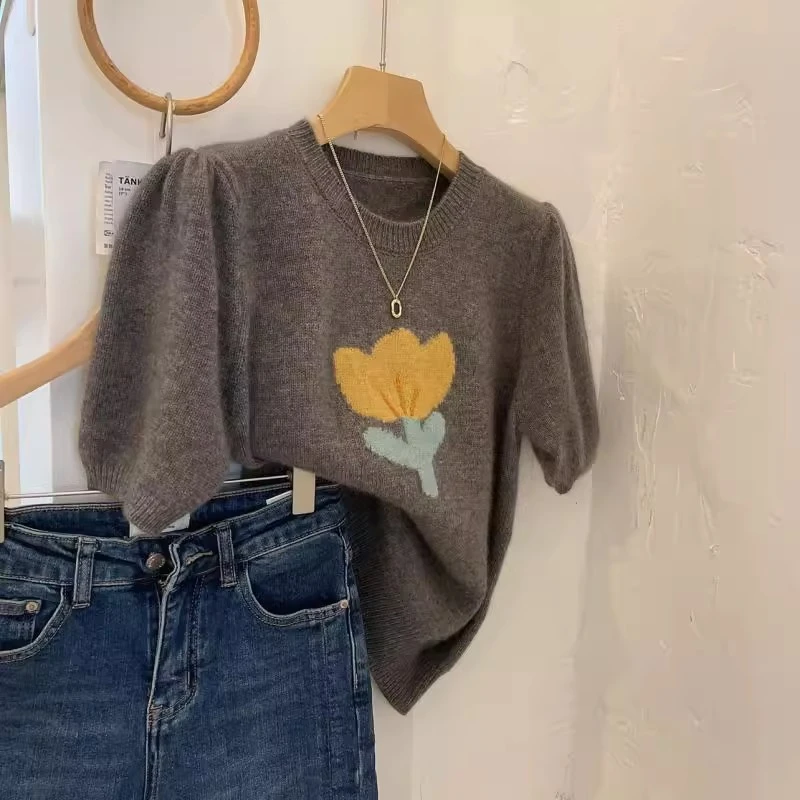 花朵郁金香短袖毛衣女夏季新款软糯浣熊绒泡泡袖针织衫打底