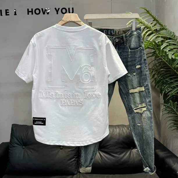 2025夏季高品质大M重工刺绣圆弧底摆百搭时尚网红爆款短袖T恤