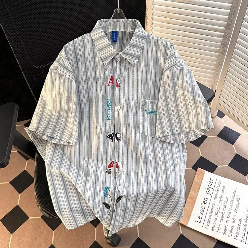 美式潮牌刺绣条纹短袖衬衫男夏季复古趣味小众情侣装宽松半袖衬衣