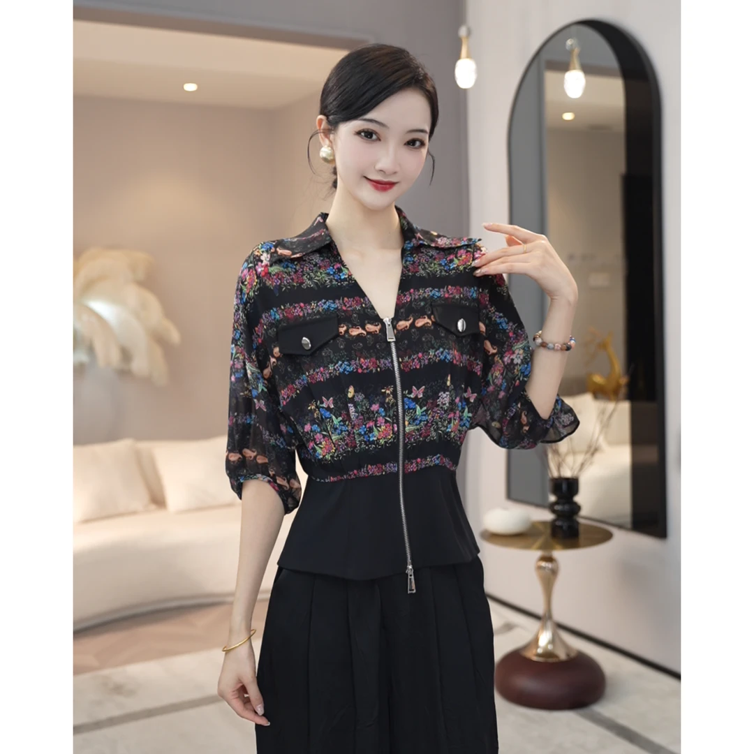 2026年夏季新款女装【7645】法式轻奢显瘦百搭印花拉链短袖衬衫上