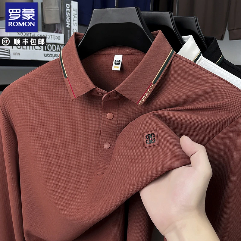 罗蒙男装秋季薄款长袖t恤男翻领休闲polo衫中年男士宽松打底衫潮T