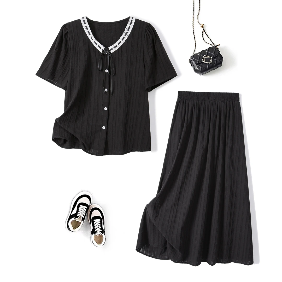 奥·邦奴 2025夏装新款胖mm大码韩系甜美立体蝴蝶结小衫半身裙套装