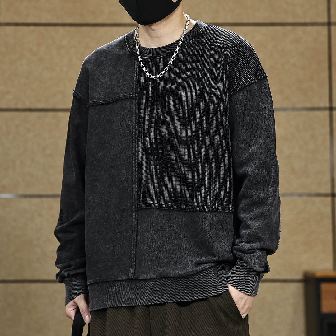 高端美式复古水洗拼接卫衣男士秋季新款华夫格宽松肌理感重磅外套