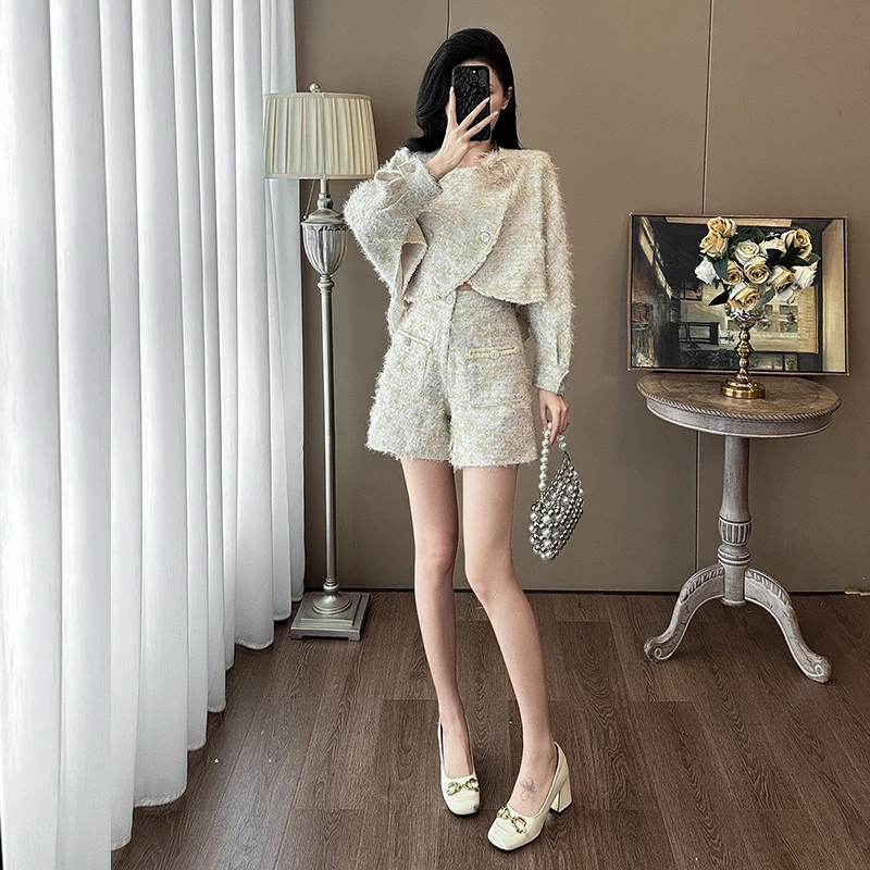 秋季法式名媛小洋装短裤两件套小众设计轻奢减龄粗花呢小香风套装