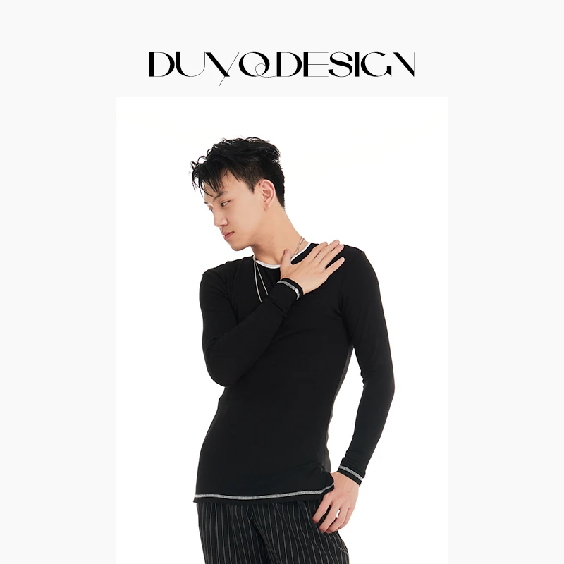 DUYQ《黑与白》男士009小圆领长袖百搭单品国标拉丁舞练功服