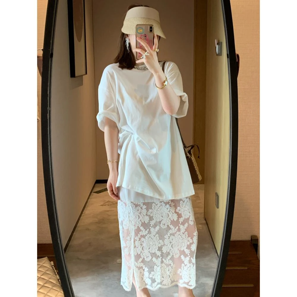 法式简约宽松慵懒风时尚气质两件套短袖t恤蕾丝半身裙套装夏装女