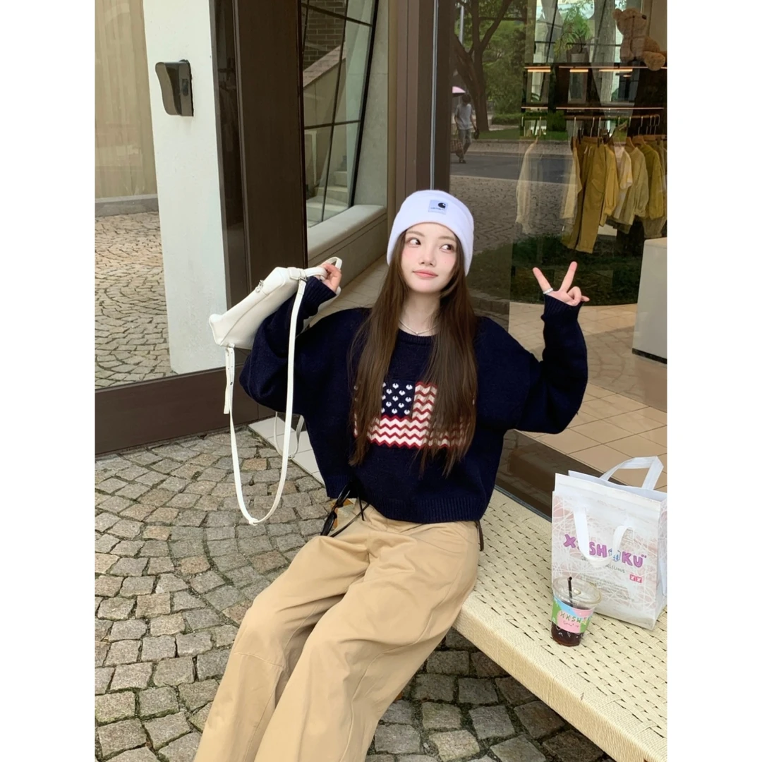 秋季一眼街拍美女美式复古圆领毛针织长袖百搭上衣女Y3619