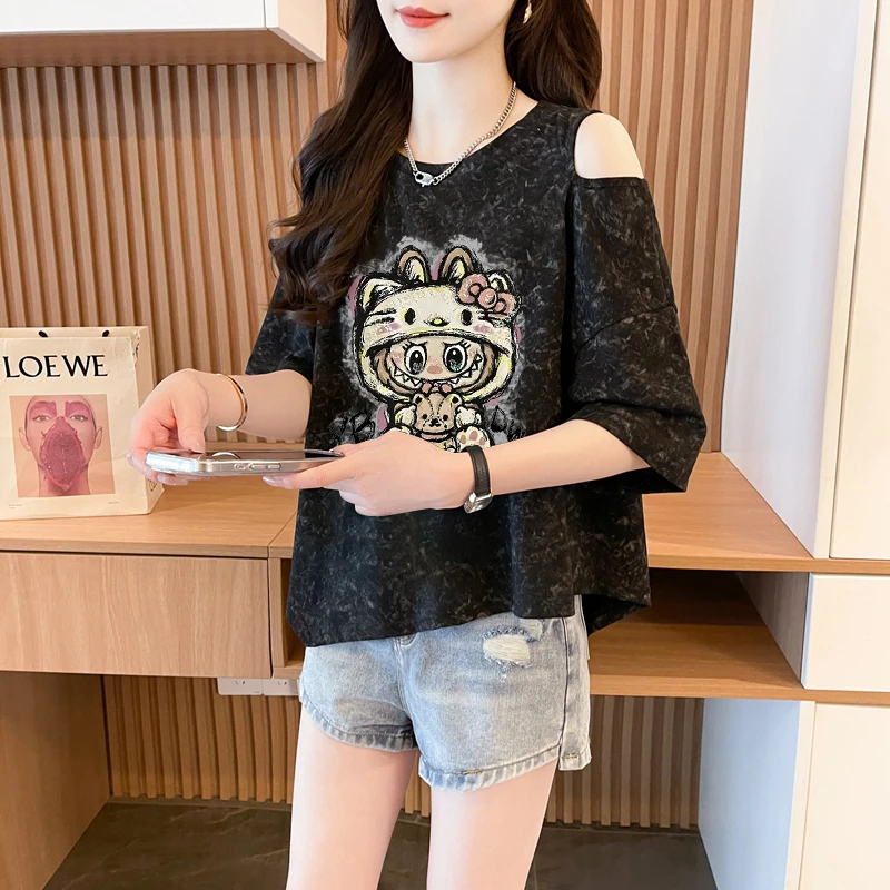 扎染露肩短袖T恤女2025夏季韩版时尚网红洋气炸街宽松休闲上衣潮