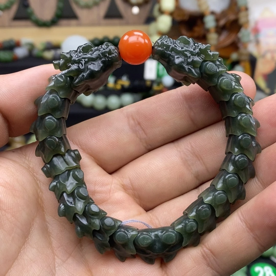 和田玉手链未镶嵌双龙戏珠