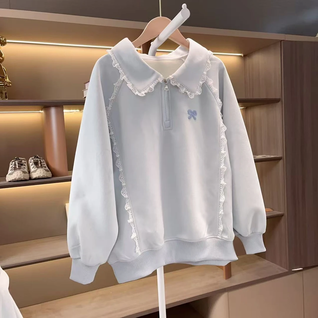 2025新款女童春秋蓝色甜美娃娃领中大儿童卫衣春季卫衣