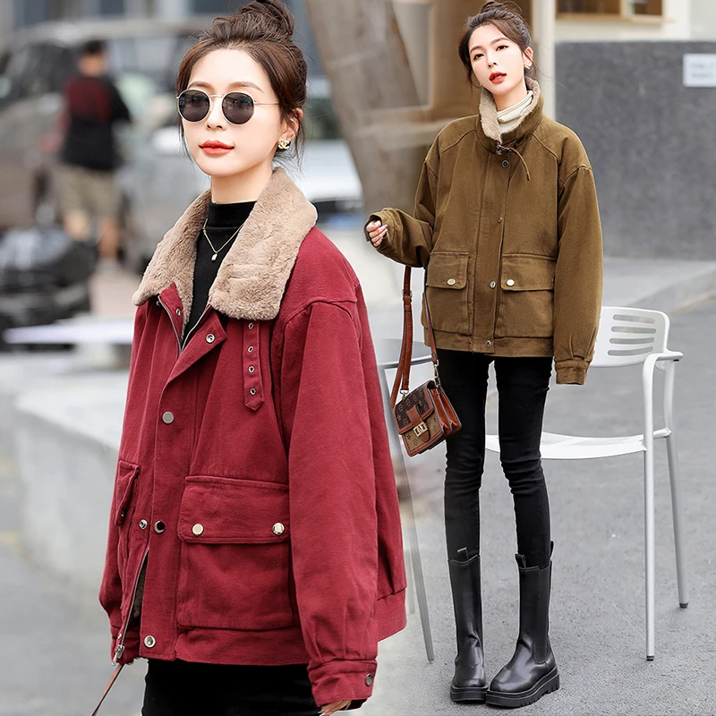 牛仔棉服女2025年新款超好看加绒冬季厚外套工装宽松磨毛茸茸棉衣