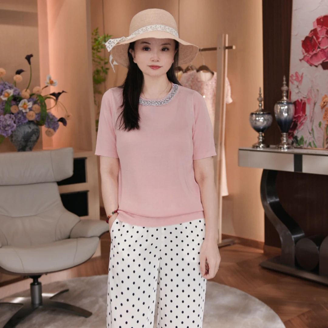 唯伊公馆夏季新款女士圆领钉珠百搭轻薄舒适针织T恤98613