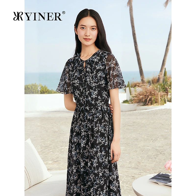 YINER音儿专选2025夏季新款超细旦丝法式苍兰印花镂空系带连衣裙