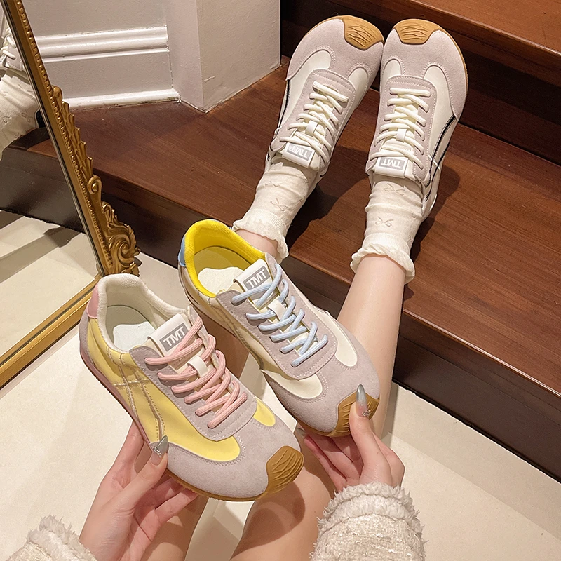 马卡龙平地德训鞋女2025春季新款真皮阿甘鞋休闲百搭轻便运动板鞋